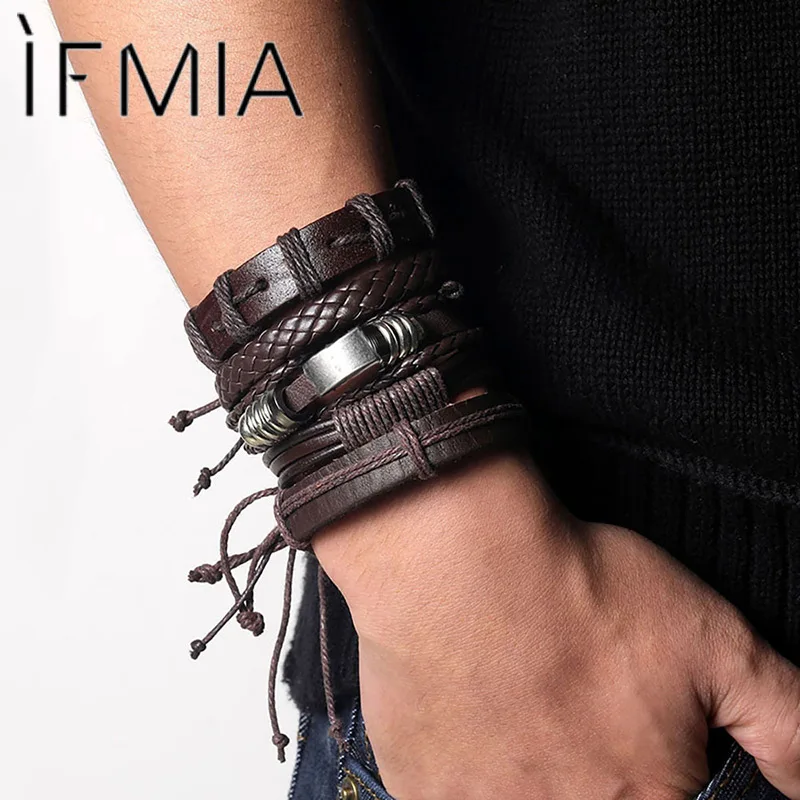 

IFMIA Fashion Multiple Layers Brown Leather Bracelets Men Classic Rope Chain Charms Bracelet For Men Armband Jewelry Gifts 2019