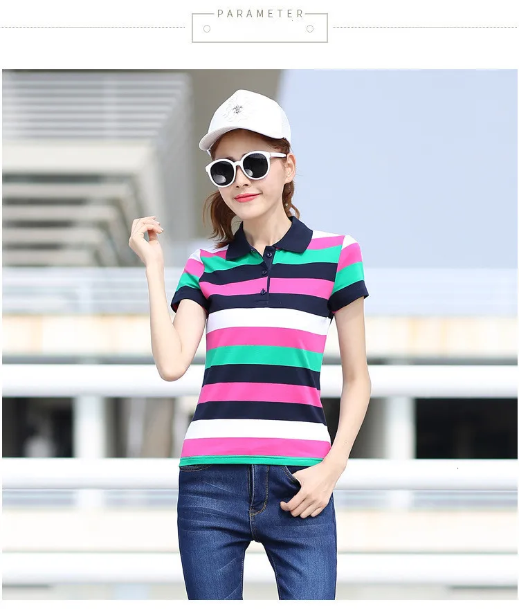 Ruoru M-6XL large size muticolor striped polo shirt women summer spring polo women short sleeve polo femme polo shirt