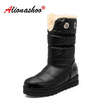 

2020 new winter snow boots women round toe ladies Mid Calf boots flat with comfortable keep warm wool snow boots Plus Size 34-43