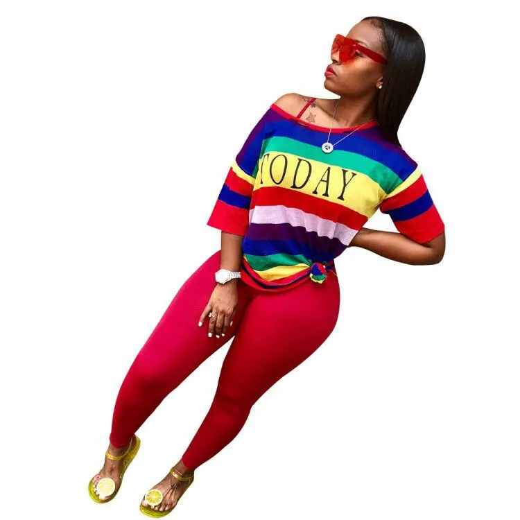 

Adogirl Rainbow stripes Sporting Two Piece Set shorts Sleeve Bodycon pants Women Fashion Suits