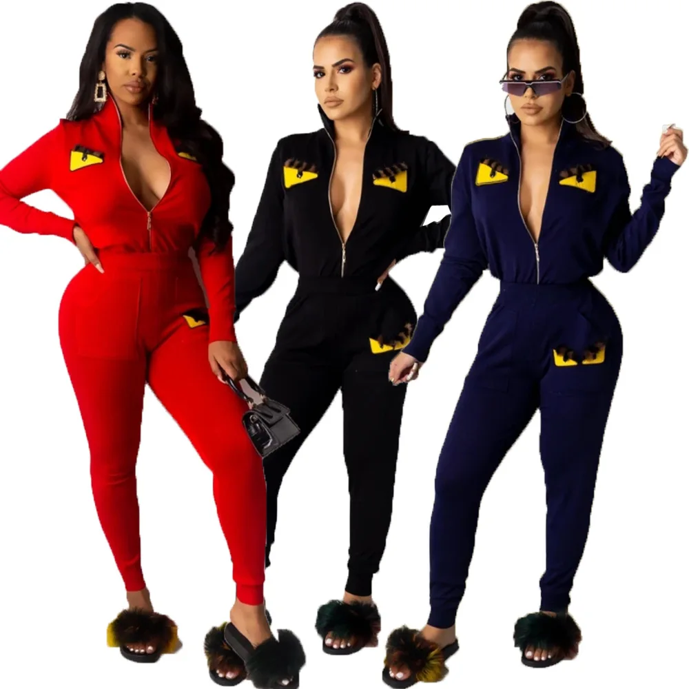 

2020 Autumn Women Suit Hot Style Model Solid-color Casual Zipper European And American Sports Two Piece Set