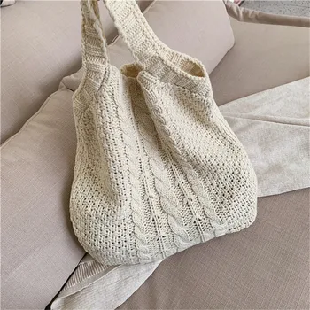 

Women Fashion Solid Color Handbag Shoulder Bag Ladies Simple Style Knitted Hollow Shopping Bag Casual Mummy Bag