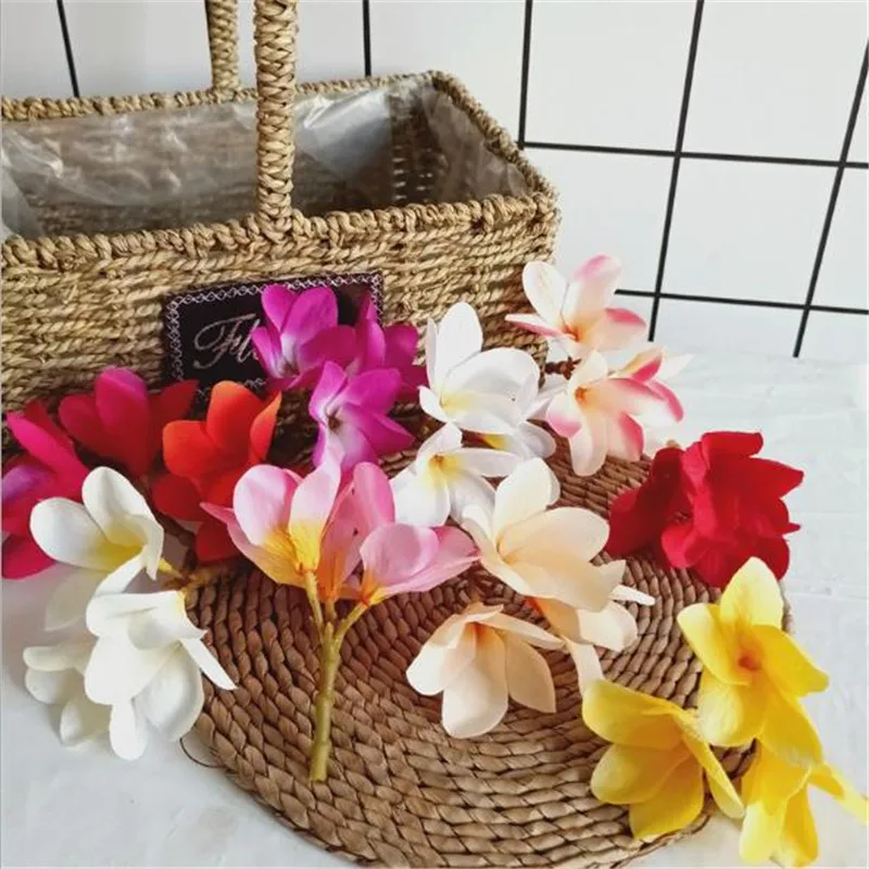 40pcs Artificial Frangipani Flower 3 Heads/Piece Silk Plumeria Rubra Flower Heads for Wedding Party Floral Decoration