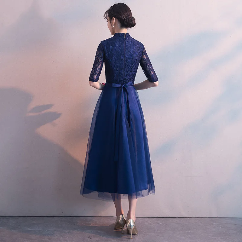 Темно-синие вечерние платья для женщин, кружевное платье Cheongsam в китайском стиле, свадебное платье Qipao, элегантные длинные платья, роскошное платье Vestido XS-XXL