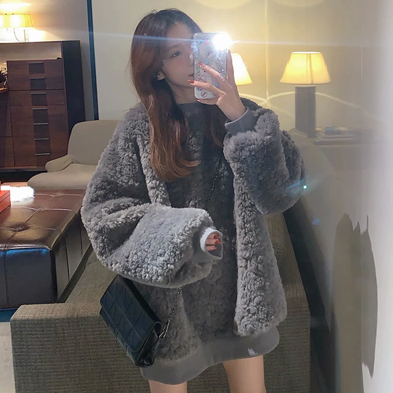 

2020 autumn and winter thick lamb wool lazy wind winter all-match solid color trend round neck pullover sweatershirt fashion