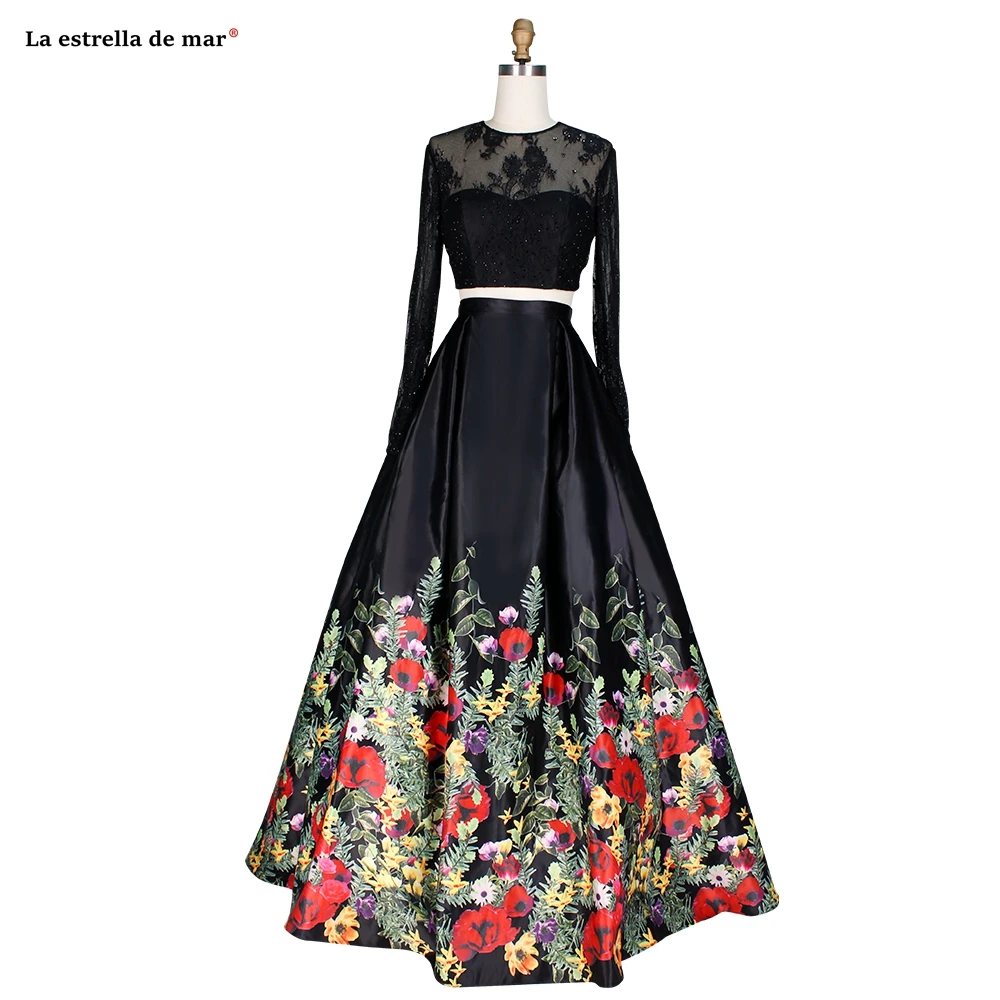 Vestido de formatura longo, новинка, с круглым вырезом, кружевом сзади, с длинными рукавами, с принтом, из сатина, 2 предмета, черная, для выпускного
