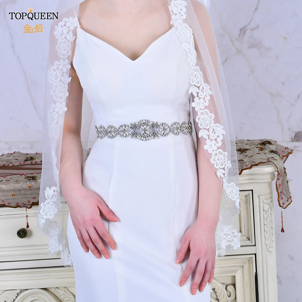 TOPQUEEN S161 Bridal Belts Wedding Women Jewelry Silver Rhinestone Pearl Crystal for Sparkly Party Formal Dress Diamond Sash
