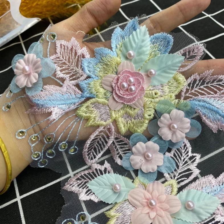 Lace Sewing Accessories Lace Sewing Supplies Clothing Craft Accessories Sewing Patches 1 Piece Colorful 3D Flower Embroidery Patches Bridal Lace Sewing Fabric Applique Beaded Tulle DIY Wedding Dress Patchwork