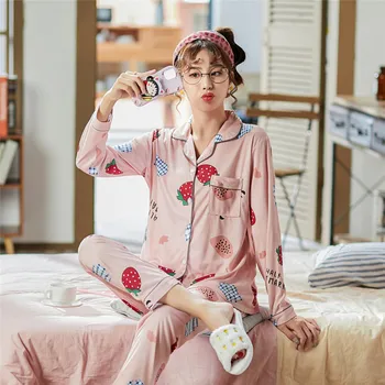 

Winter Turn-down Collar Sleepwear Long Sleeve Cotton Nightwear Ladies Pure Color Pajamas Set Big Size Girl Home Cloting