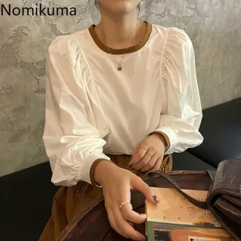 Nomikuma 2020 Autumn Women Blouse Causal Hit Color Patchwork O-neck Blusas Femme Korean Puff Long Sleeve Pullover Shirt 6D064 1