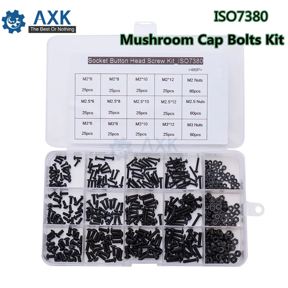 

480Pcs ISO7380 M2 M2.5 M3 Alloy Steel 10.9 Level Black Hexagon Socket Button Head Screw Furniture Mushroom Cap Bolts Kit DT