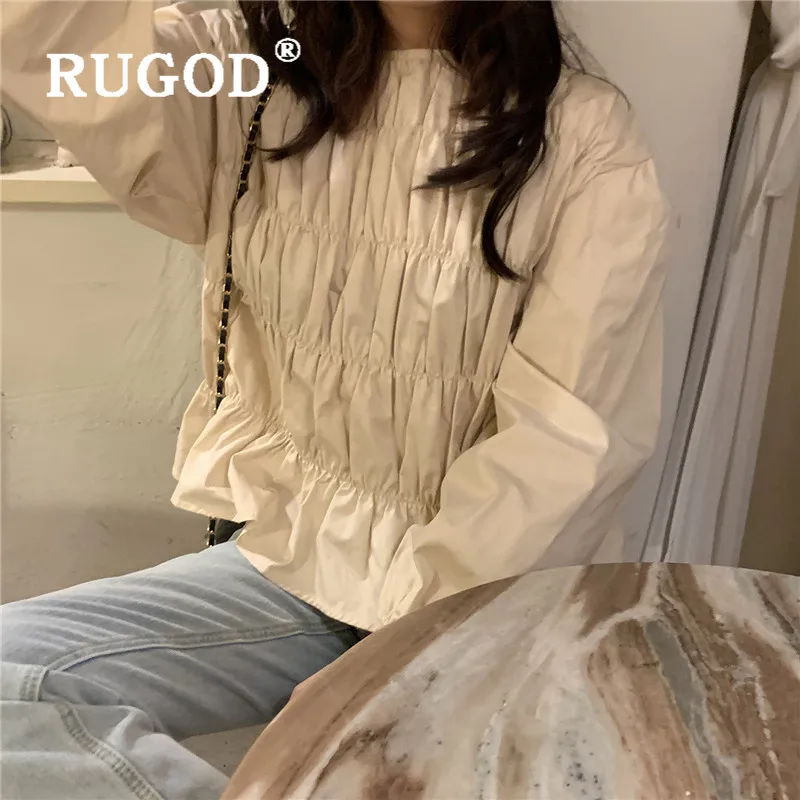 RUGOD Весенняя плиссированная блузка, женские блузки с длинным рукавом, элегантный однотонный топ, корейская модная одежда, женские рубашки, Повседневная рубашка