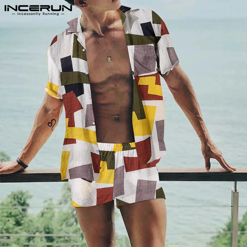 INCERUN 2020 Men Printed Sets Streetwear Lapel Short Sleeve Chic Shirts Beach Shorts Breathable Cotton Mens Hawaiian Sets S-5XL INCERUN 2020 Men Printed Sets Streetwear Lapel Short Sleeve Chic Shirts Beach Shorts Breathable Cotton Mens Hawaiian Sets S-5XL