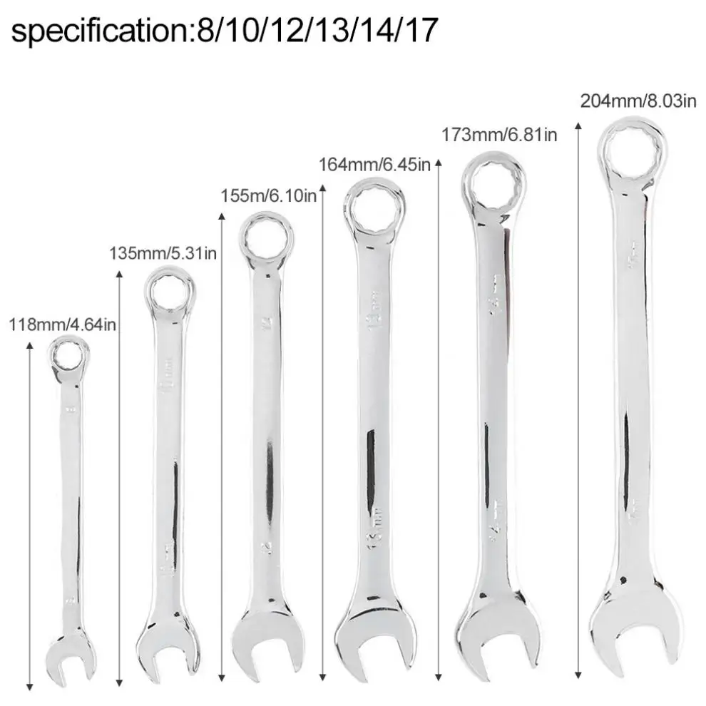 

Chrome Vanadium Steel 6pcs 8mm-17mm Combination Spanner Set Dual-use Mirror Wrench for Home Installation / Maintenance