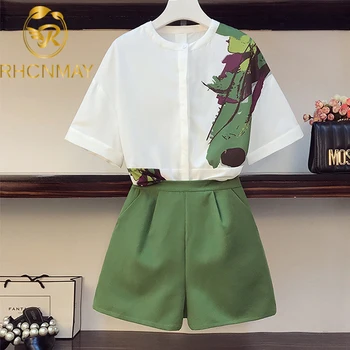 

2020 Summer 2 pieces suits Printed Irregular Blouse Shirt Women Tops + Pocketed Shorts Set Women two piece set