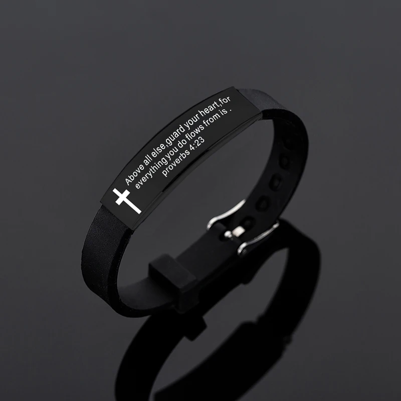 Quote Religious Cross Jesus Scripture Christian Bible Verse Inspirational Faith Silicone Bracelet for Men
