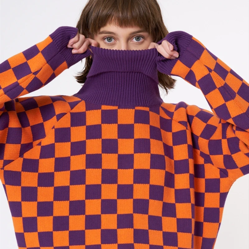 Осенний свитер женский винтажный шахматный Свитер хлопковый свободный свитер с высоким воротом вязаный женский пуловер в клетку Harajuku фиолетового цвета