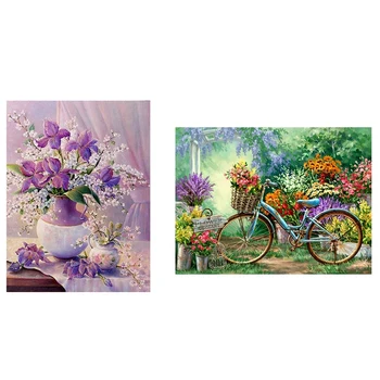 

NEW-2 Set 5D DIY Diamond Painting Cross Stitch Home Decor - Bicycle & Light Purple Flowers