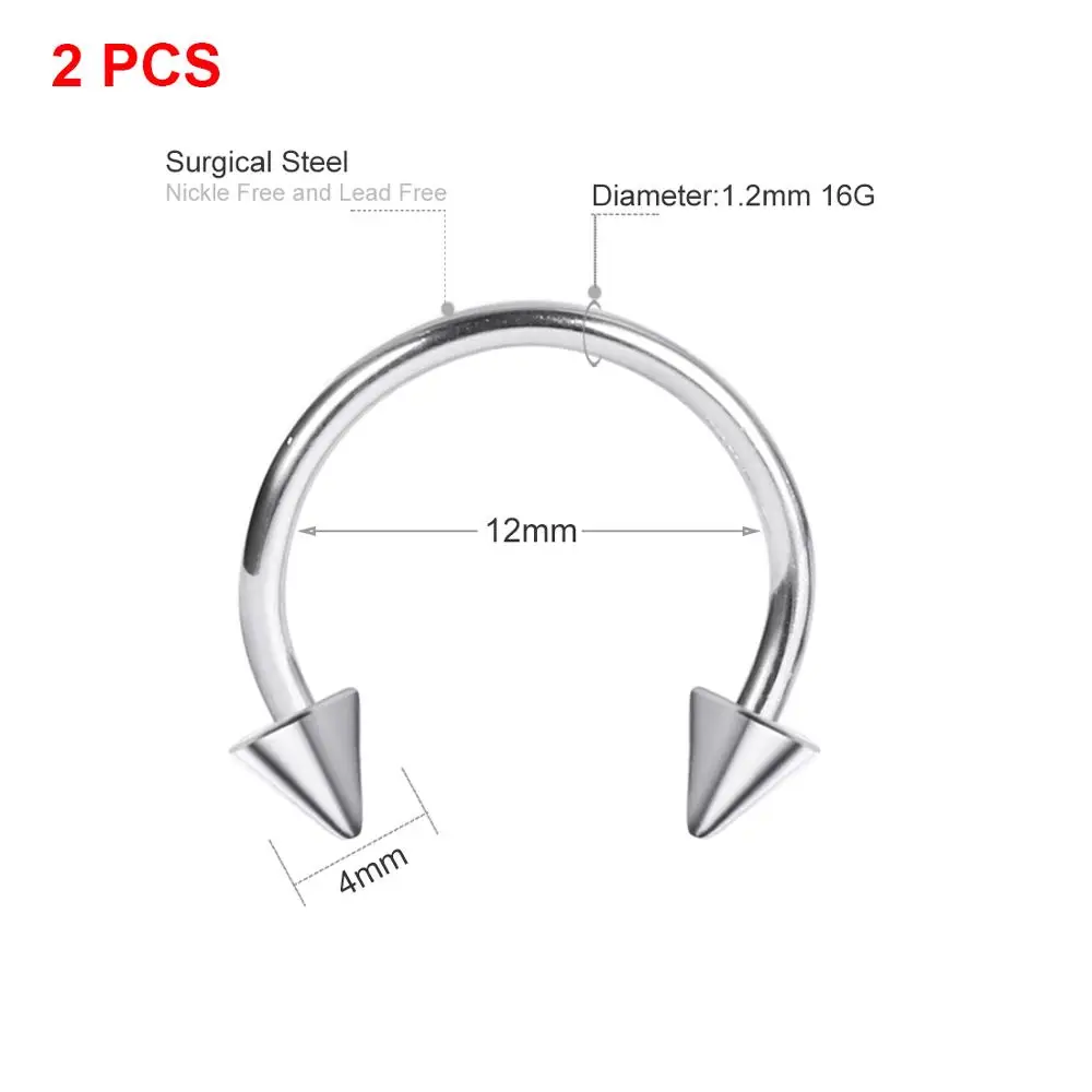 2 шт., круговое кольцо в форме подковы для женщин и мужчин, кольцо из нержавеющей стали для губ, кольца для носа, кольца для сосков, пирсинг, унисекс, ювелирные изделия для тела - Окраска металла: 16G-1.2X12X4mm-Cone