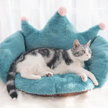 

Cat Sofa Cat Winter Warm Bed Solid Color Crown Shape Puppy Bed Soft Office Chair Cushion Washable Thicken Pet Sofa Pet Supplies