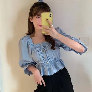 

COIGARSAM 4XL Plus Size French Style Short Sleeve blouse women Summer blusas womens tops and blouses Light Blue 628