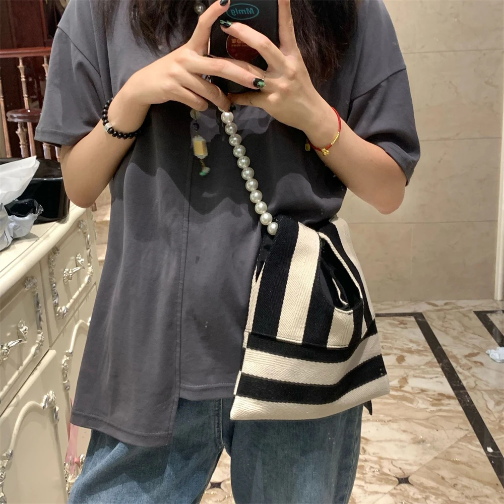 Pearl Striped Canvas Handbag Women Cute Shoulder Bag Mini Student Diagonal Bag Beaded Chain Horizontal Square Type Underarm Bags