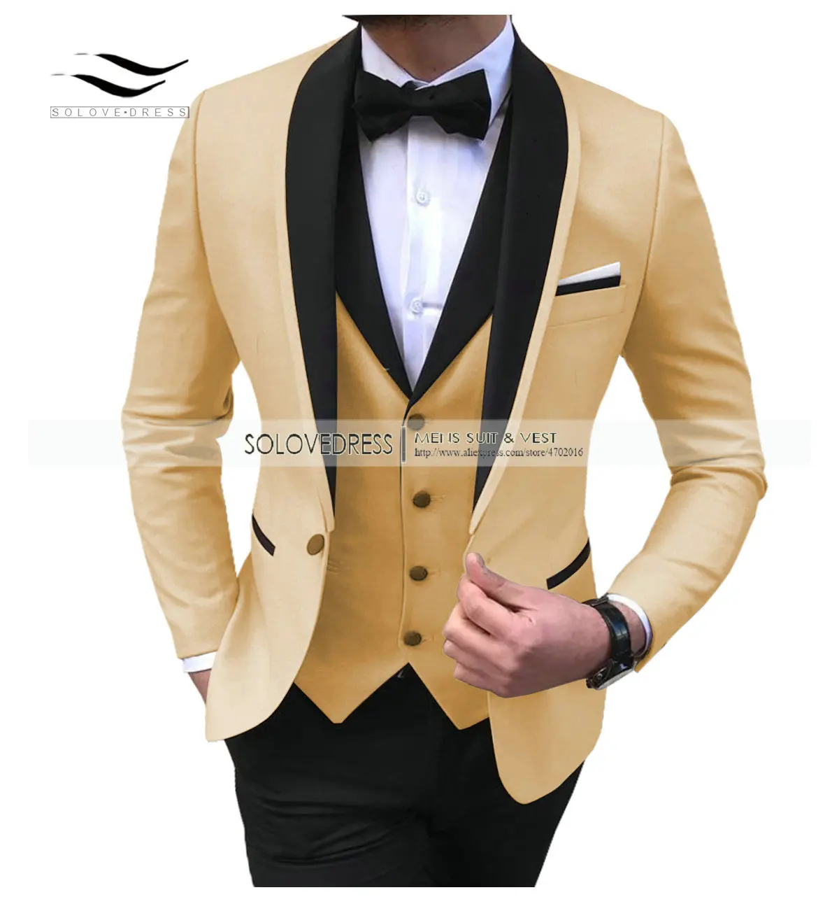 Mens 3 Pieces Party Slim Fit Suits Classic Design Shawl Lapel Tuxedos Prom Suit Blazer& Pants& Vest for Wedding