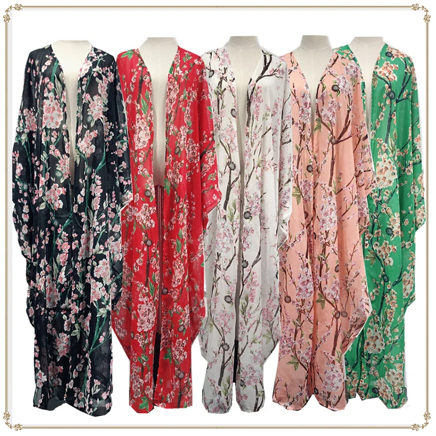 

Woman Islamic Muslim Cardigan 5Colors Floral Printed Caftan Turkish Dubai Arabic Chiffon Sunscreen Abaya Elegant Batwing Dress