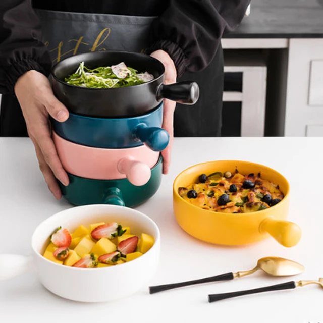 Nordic Ceramic Salad Bowl With Handle Breakfast Cereal Fruit Bowl Solid Color Dessert Soup Noodle Bowl Microwave Oven Special 2