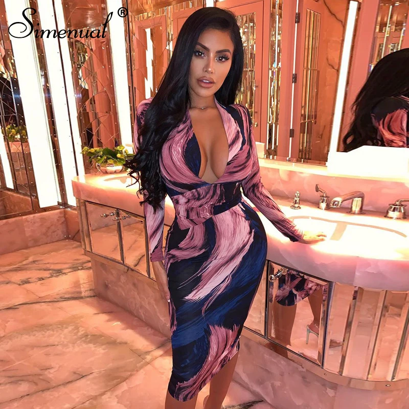 Ceny Simenual głębokie V Neck Skinny kobiety sukienki bandażowe typu bodycon drukuj Sexy seksowna odzież klubowa moda 2019 z długim rękawem do kolan na imprezę sukienka kobieta Slim