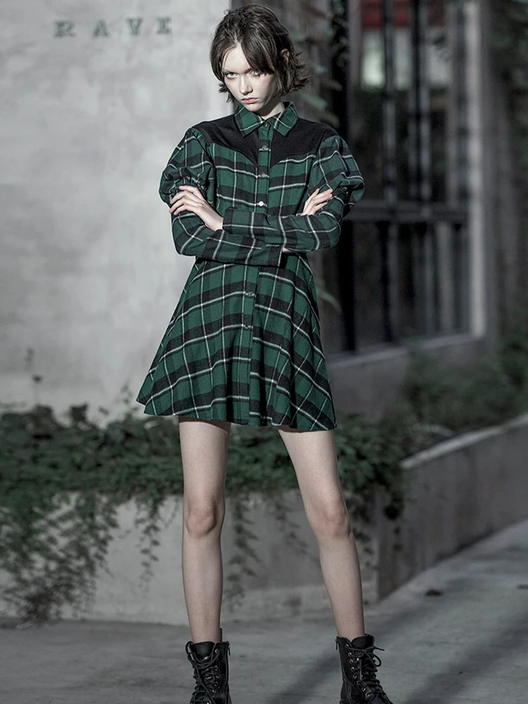 

PUNK RAVE Punk Diamond Check Polo Dress Female New Fake Two Short Skirt Shirt Skirt Small