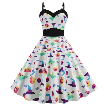 

Women sexy Halloween 3D printed pumpkin High-waisted Vintage Halter white dress Party Dress