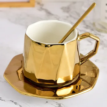 

Golden Edge Coffee Cup Ceramic Breakfast Milk Cup Afternoon Mug Saucer Set Food Grade Gold Plated Bone China Snack Plate 1Set
