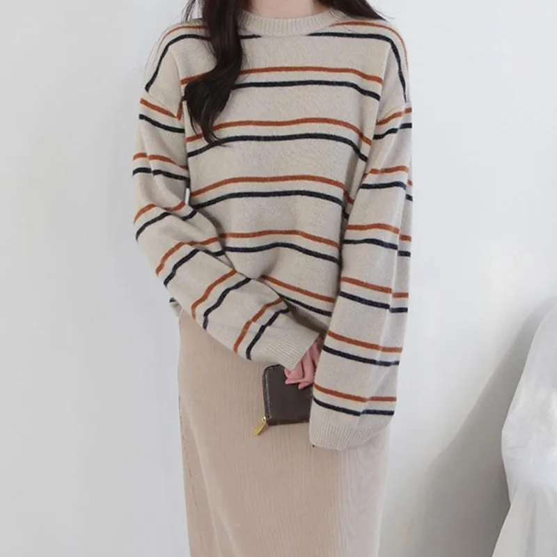 Sweet Student Harajuku Knitted Loose Sweater Outwear Women Soft Autumn Casual Warm Striped Long Sleeve O-Neck Pullovers Sweet Student Harajuku Knitted Loose Sweater Outwear Women Soft Autumn Casual Warm Striped Long Sleeve O-Neck Pullovers