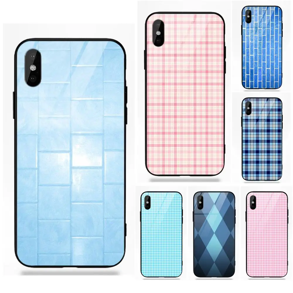 Light Blue Plaid Printed For Apple iPhone 5 5C 5S SE 6 6S 7 8 Plus X XS Max XR Soft TPU Frame Tempered Glass Fashion Case | Мобильные