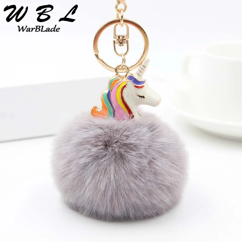 WarBLade Lovely Unicorn Keychain Women Car Bag Key Ring Artificial Fluffy Rabbit Fur Ball Pompom Chain Porte Clef chaveiro | Украшения и