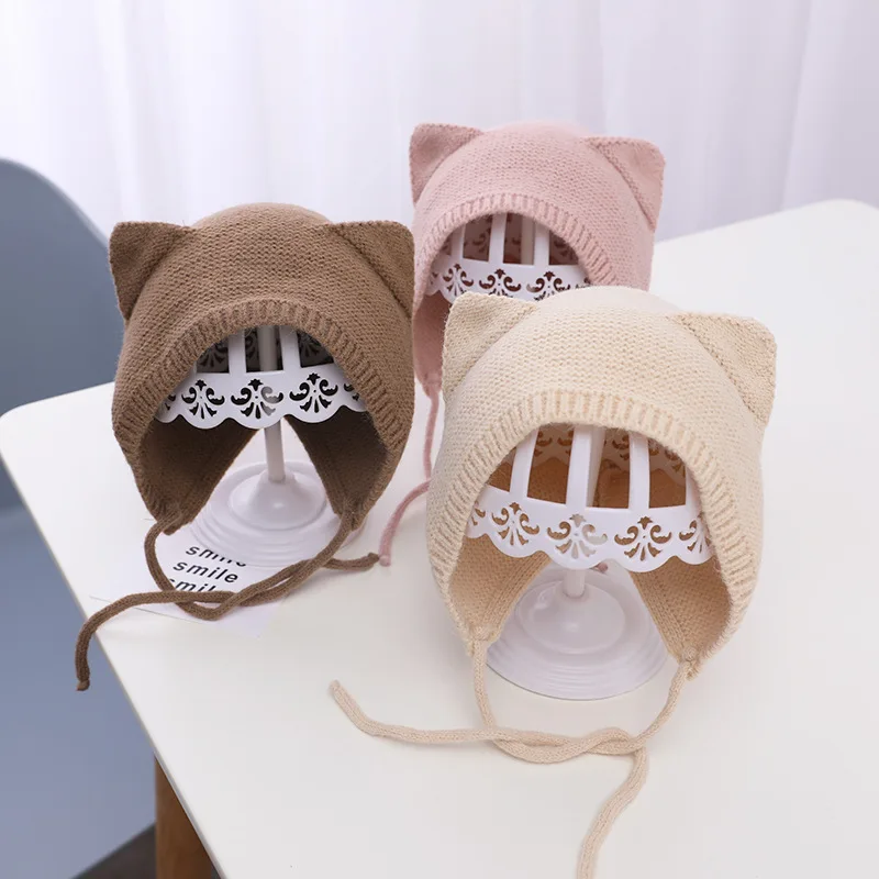 

Cute Baby Knit Hat With Cat Ear Autumn Winter Baby Boy Girl Cap Bonnet Hat Solid Color Ear Protection Toddler Beanie Caps