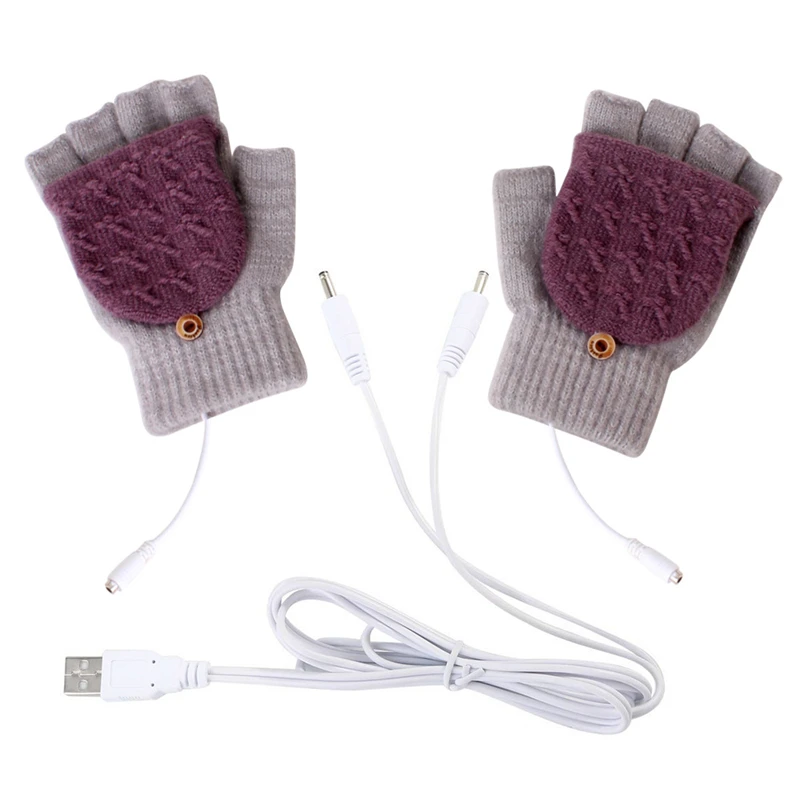 USB Heated Gloves Wool Knit Thickened Stretch Half Finger Flip Cover Foldable Mittens Warm Battery Powered Heating Unisex Gloves