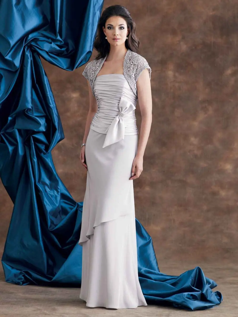 Элегантное серое длинное шифоновое вечернее платье с рюшами vestido de madrinha платья для матери невесты с кружевным жакетом