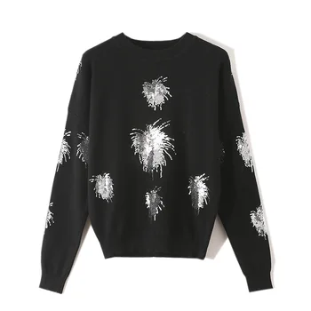 

New Korean Women Sequins Sweaters Knitted Embroidery Tops Autumn Winter Designer Pullovers Feminine Fashion Casual Black Jumpers