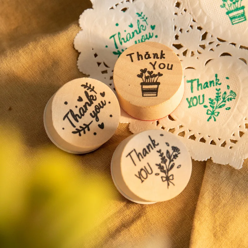 6pcs Wood Rubber Stamps Thank You Round Wooden Stamp DIY Craft Scrapbooking Stamping Birthday Party Wedding Christmas Decoration rubber stamps