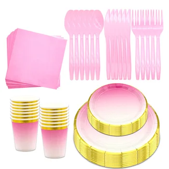 

80pcs Gold Pink Disposable Tableware Baby Shower Cups Napkins Plates For 1st Birthday Decor Kids Boys Favors Party Supplies