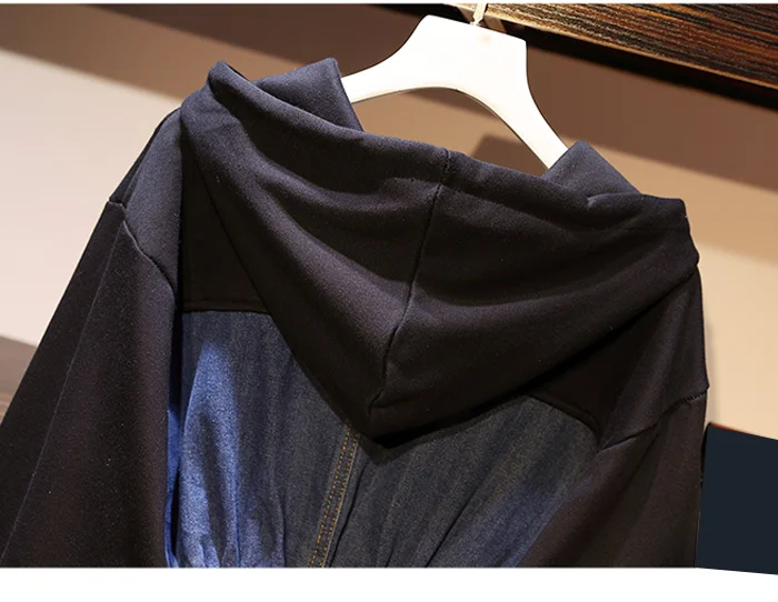 Spring Women Stitching Hit Color Hooded Hoodies Denim Plus Size Hoodies Patchwork Long Sleeve Loose Pullovers Jean Sweatshirts