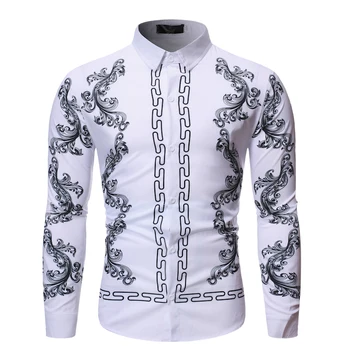 

New Fashion Small Turndown Casual Shirt Men's Long-sleeved Floral Printed Shirt Chemise Homme Social Men