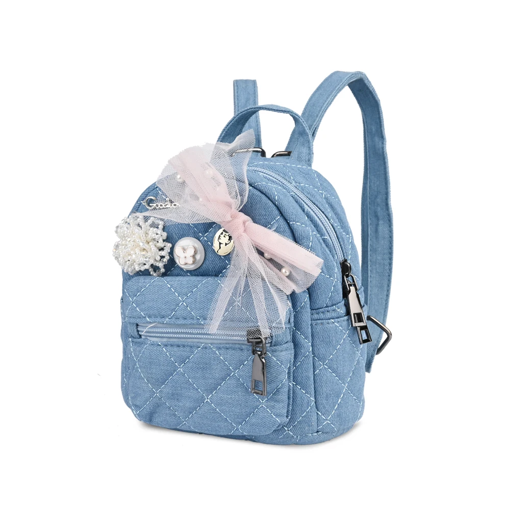 Редкий креативный мини-рюкзак для женщин, джинсовые сумки на плечо для девочек-подростков, детские маленькие сумки с бантом и жемчугом, Женский школьный рюкзак BS8001 - Цвет: Blue