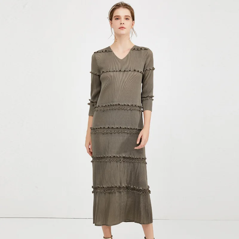 Miyake Плиссированное новое платье с ушками, модное прямое платье трапециевидной формы с v-образным вырезом, платье с перекрестными краями для женщин, весна