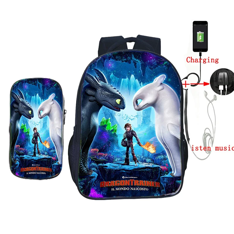 

How to Train Your Dragon Backpack Women Men 2pcs Set Mochila for Teens Students USB Charging School Bookbags with Pencil Case