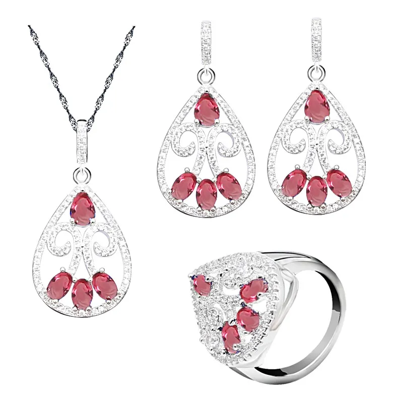 Геометрический красный рубин Серебряный свадебный набор украшений для женщин
