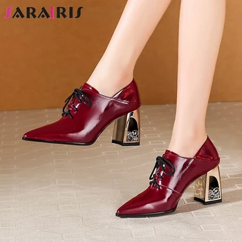 

SARAIRIS Brand Fashion Female Genuine Leather Lace Up Pointed Toe Pumps Square Heel Elegant Spring Pumps Women Shoes Woman