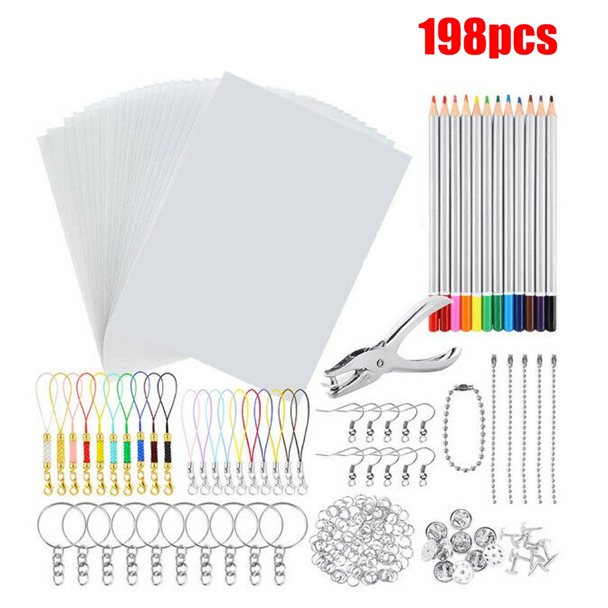 33/145/198PCS Shrinky Art Paper Heat Shrink Sheet Plastic Kit Hole Punch Keychains Pencils DIY Drawing Supply | Дом и сад